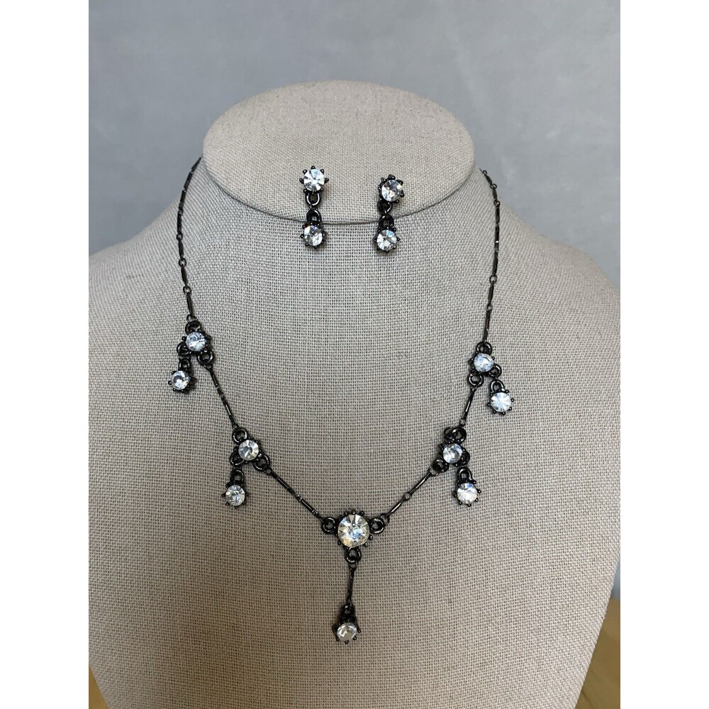 Gunmetal Crystal Necklace Earrings Set Goth Formal Prom Dark Romance Y2K